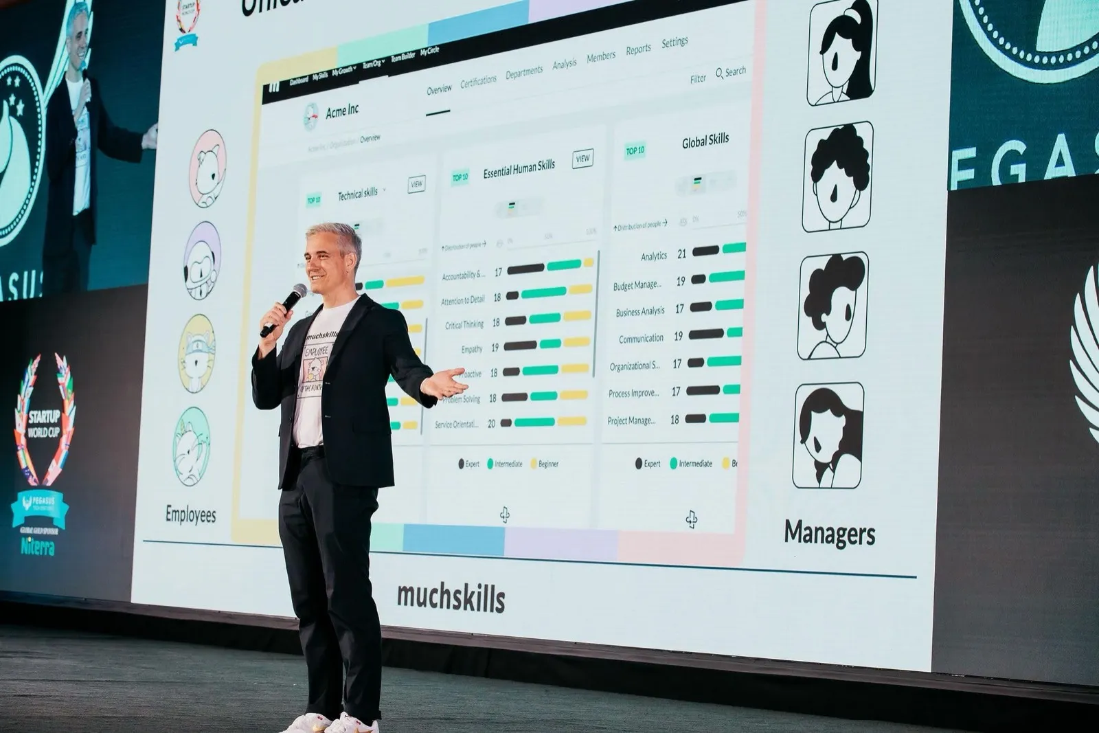 Daniel Nilsson presenting MuchSkills on stage